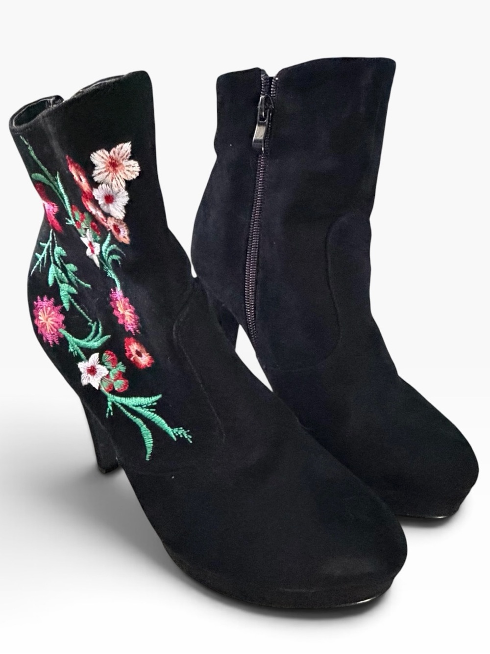 2 Lips Too Floral Embroidered Ankle Stiletto Boots Women's 7M Black Suede Zip